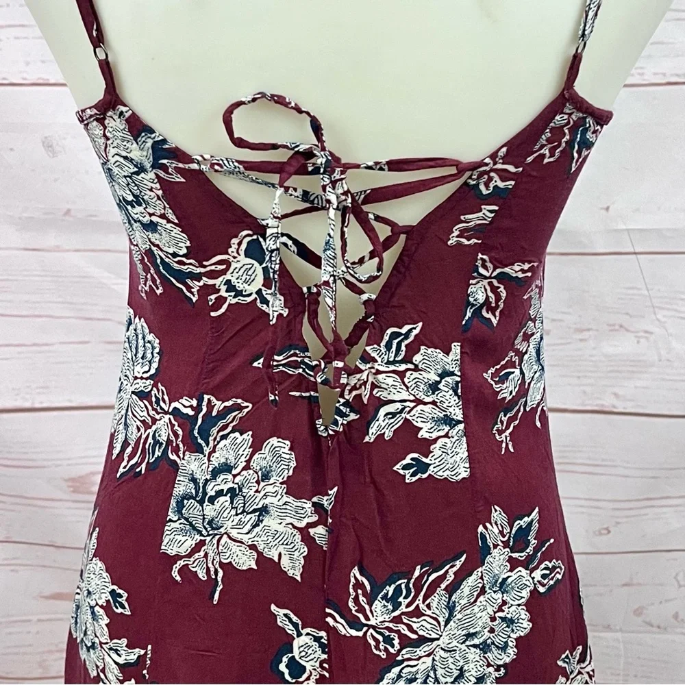Abercrombie Maroon Floral Sleeveless V-neck Corset Back Boho Flowy Maxi Dress